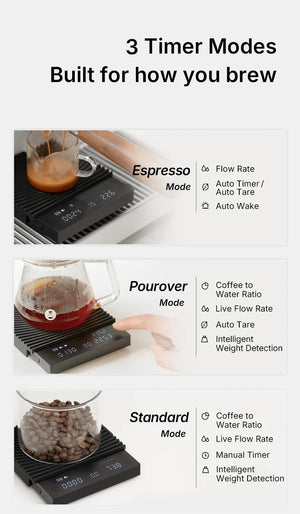 Schwarze Kaffeewaage mit mehreren Timer-Einstellungen und Präzision für Espresso und Brühkaffee, Barista-Zubehör, alles rund um Kaffee.