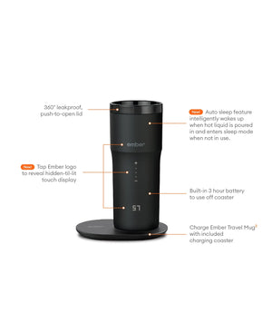 Elektrische Kaffeereisebecher schwarz V2 - 355ml mit Touchdisplay und Ladestation in Schwarz, elegantes Design.