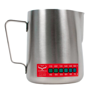 Thermometer Attento -Espresso Gear Milchkännchen aus Edelstahl mit eingebautem Temperaturanzeiger für Espresso.